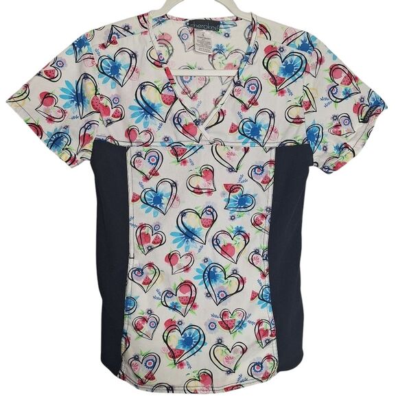 Cherokee Scrub Top Heart Daisy Short Sleeve Stretchy Medical Nurse Work Small - Picture 1 of 7